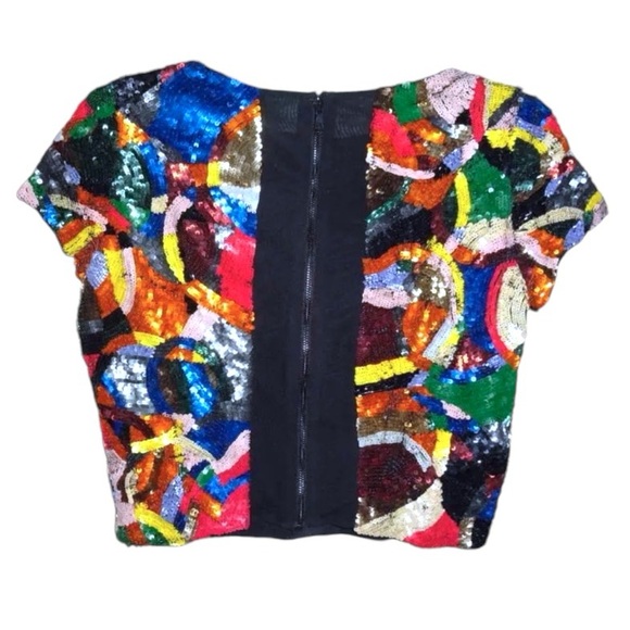 $440 Sequins Alice + Olivia Kaleidoscopic Crop Top 2 COLORFUL Back Stretch Panel - Picture 8 of 16